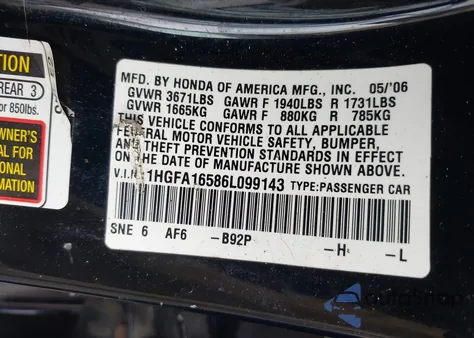 2006 Honda Civic Lx from USA, damaged, VIN 1HGFA16586L099143